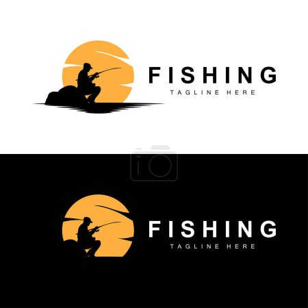 pêche logo icône vecteur, attraper des poissons sur le bateau, design silhouette coucher de soleil en plein air