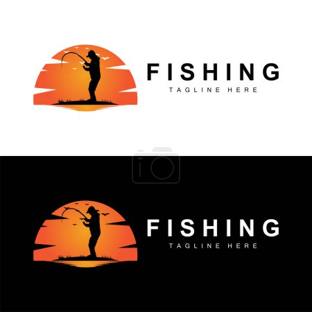 vector icono del logotipo de la pesca, captura de peces en el barco, al aire libre diseño de la silueta puesta del sol