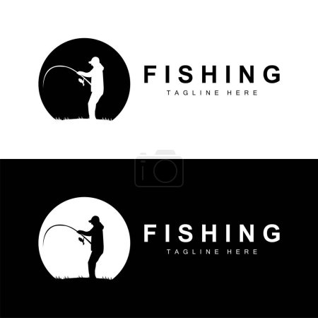 Angeln Logo Symbol Vektor, fangen Fische auf dem Boot, Outdoor-Sonnenuntergang Silhouette Design