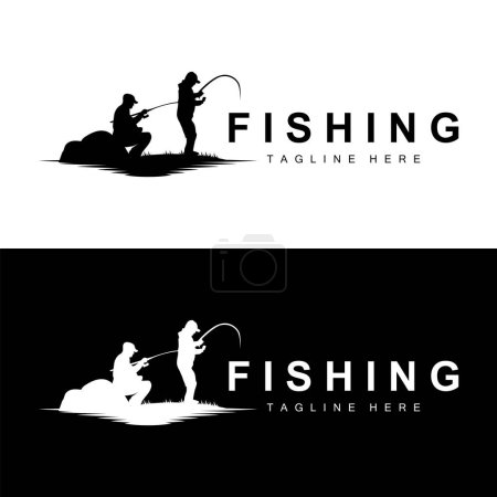 Angeln Logo Symbol Vektor, fangen Fische auf dem Boot, Outdoor-Sonnenuntergang Silhouette Design