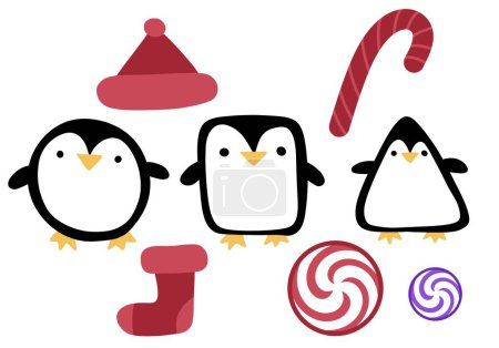 Téléchargez les photos : Set pingouin dessin animé pour enfants et papier d'emballage et autocollants bande cadeaux boîte bonbons emballage et tissus. Illustration de haute qualité - en image libre de droit