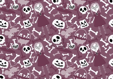 Photo for Cartoon Halloween seamless witch and bones and pumpkins pattern for wrapping paper and fabrics and linens and kids clothes print and packaging. High quality illustration - Royalty Free Image