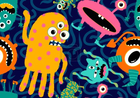 Photo for Cartoon doodle monsters seamless aliens and animals pattern for wrapping paper and fabrics and kids clothes print and linens and packaging. High quality illustration - Royalty Free Image