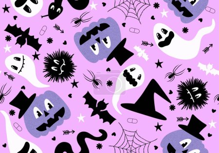 Téléchargez les photos : Halloween fantôme sans couture dessin animé araignée et toile et crânes motif pour papier d'emballage et vêtements impression et enfants accessoires et tissus et boîte de gif. Illustration de haute qualité - en image libre de droit