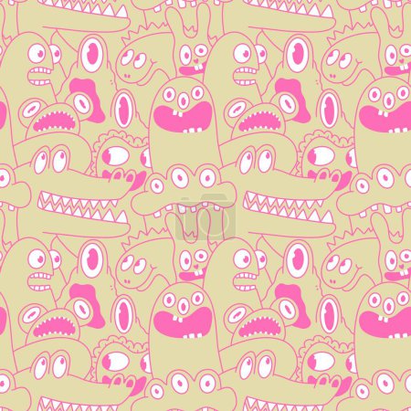 Téléchargez les photos : Cartoon monsters seamless emoticons aliens pattern for kids clothes print and wrapping paper and fabrics and linens and kindergarten. High quality illustration - en image libre de droit