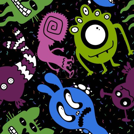 Téléchargez les photos : Cartoon monsters seamless emoticons aliens pattern for kids clothes print and wrapping paper and fabrics and linens and kindergarten. High quality illustration - en image libre de droit