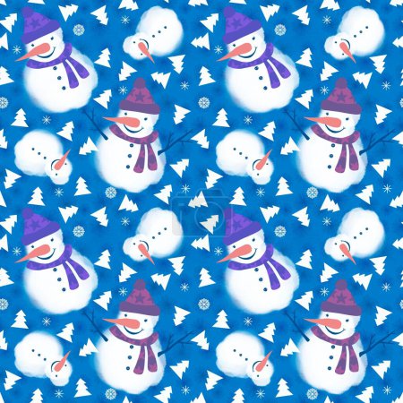 Winternahtloses Schneemann- und Schneeflocken-Muster für Weihnachtspapier und Kinder-Notizbücher sowie Accessoires und Stoffe. Hochwertige Illustration