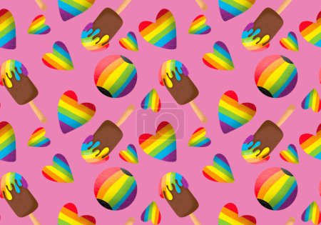 Photo for Cartoon summer rainbow seamless ice cream and hearts and ball pattern for wrapping paper and fabrics and linens and kids clothes print and festive accessories and packaging. High quality illustration - Royalty Free Image