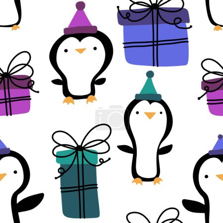 Téléchargez les photos : Modèle de pingouin sans couture pour les animaux de Noël pour le papier d'emballage et les tissus et les vêtements pour enfants impression et emballage d'hiver et accessoires de nouvelle année et boîte de cadeaux d'anniversaire. Illustration de haute qualité - en image libre de droit