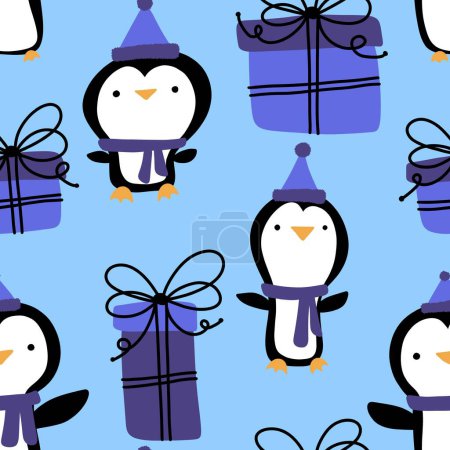 Téléchargez les photos : Modèle de pingouin sans couture pour les animaux de Noël pour le papier d'emballage et les tissus et les vêtements pour enfants impression et emballage d'hiver et accessoires de nouvelle année et boîte de cadeaux d'anniversaire. Illustration de haute qualité - en image libre de droit