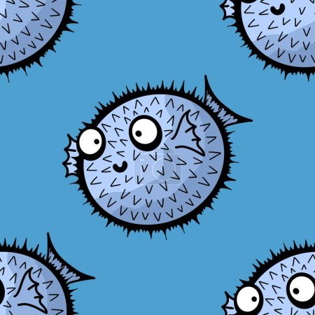 Foto de Dibujos animados animales patrón de pez globo sin costura fugu para papel de embalaje y telas y ropa de cama y ropa para niños impresión y embalaje festivo y accesorios de verano. ilustración de alta calidad - Imagen libre de derechos