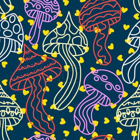 Cartoon-Herbsternte nahtlose Halloween-Pilze mit Totenköpfen Muster zum Einwickeln von Papier und Stoffen und Bettwäsche sowie Kinderdruck und festliche Verpackungen und Accessoires. Hochwertige Illustration