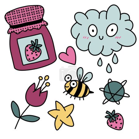 Cartoon Sommer Doodle Set Biene und Erdbeermarmelade Muster für Packpapier und Stoffe und Bettwäsche und Kinderkleidung Druck und Party-Accessoires. Hochwertige Illustration