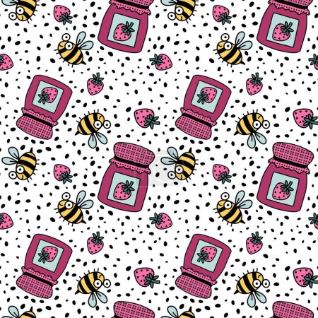 Cartoon summer doodle seamless bee and strawberry jam pattern for wrapping paper and fabrics and linens and kids clothes print and party accessories. High quality illustration