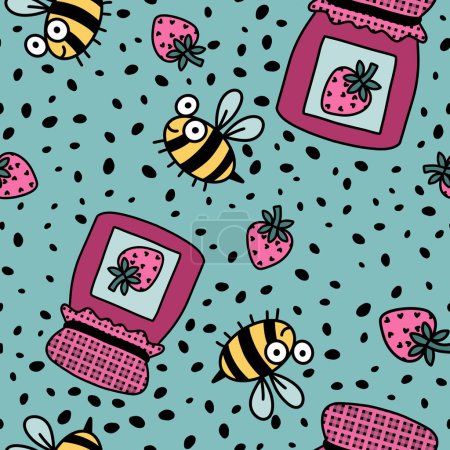 Cartoon Sommer Doodle nahtlose Bienen- und Erdbeermarmeladenmuster zum Einwickeln von Papier und Stoffen und Bettwäsche sowie Kinderkleiderdruck und Party-Accessoires. Hochwertige Illustration