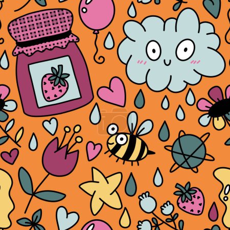 Cartoon Sommer Doodle nahtlose Bienen- und Erdbeermarmeladenmuster zum Einwickeln von Papier und Stoffen und Bettwäsche sowie Kinderkleiderdruck und Party-Accessoires. Hochwertige Illustration