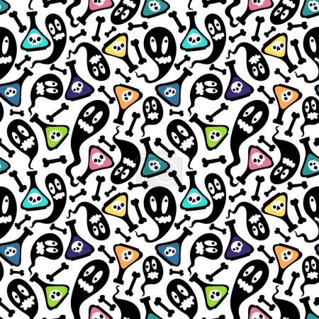 Halloween-Cartoon nahtlose Giftflasche und Geistermuster zum Einwickeln von Papier und Stoffen und Bettwäsche sowie Kinderkleidungsdruck und Party-Accessoires. Hochwertige Illustration