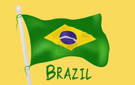 Illustration for The flying flag of Brazil with text written Brazil. The national flag of Brazil country. The official brazilian flag. - Royalty Free Image