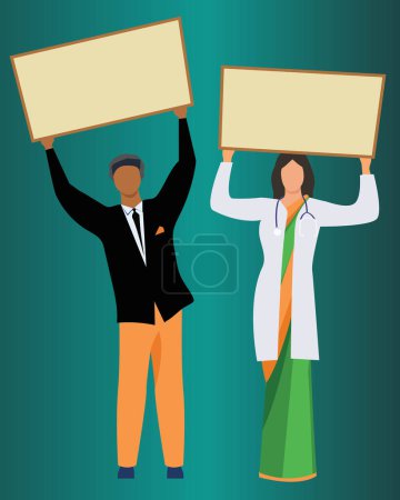 Photo for Man and woman holding a banner. Couple of two business persons or professionals holding a panel. A place for your copy text. Young people lifting up an advertising board. Mockup placard illustration. - Royalty Free Image