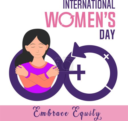 Téléchargez les illustrations : Journée internationale de la femme, thème de la campagne - Adopter l'équité. Egalité des sexes pour tous. Vecteur d'une dame se dressant à travers un symbole de cercle de genre. - en licence libre de droit