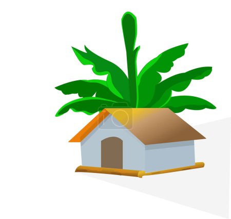Illustration for Beautiful village house, home, bungalow under banana tree isolated in white background. A small hut, rural location, nonurban residential in rural village - Royalty Free Image