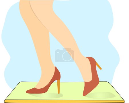 Illustration for Side view of women's legs wearing high heels, peep-toe, stilettos high shoes, sandals, sling back heels, pumps, kitten heels shoes. Stylish lady shoes design, a woman walking wearing footwear - Royalty Free Image