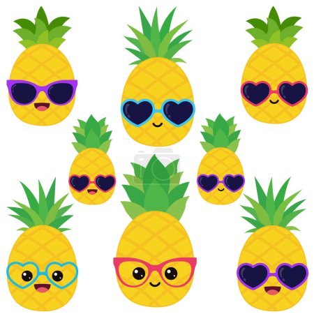 Téléchargez les illustrations : Joyeux sourire Kawaii mignon ananas. Mascotte vectorielle d'illustration de caractère de fruit plat. Isolé sur fond blanc. - en licence libre de droit