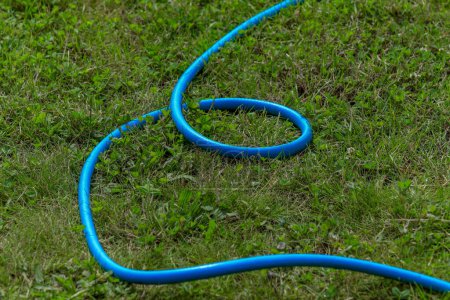 Blue garden hose for watering the lawn in the garden