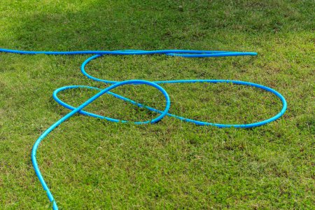 Blue garden hose for watering the lawn in the garden