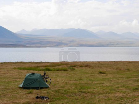 Green tent pitched up at Paravani lake in Samtskhe-Javakheti National Park, Georgia. High quality photo