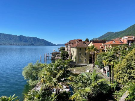 Panoramic view of idyllic lakeside town Cannero Riviera. Lago Maggiore, Upper Italian lakes, Piedmont, Italy. High quality photo