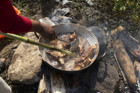 Mujer indígena peruana freír Cuy (conejillo de indias) en una sartén sobre leña, comida tradicional de los Andes