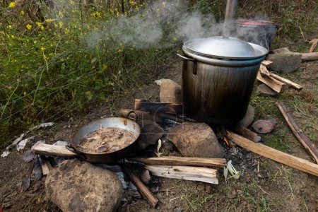 Cocinar sobre madera con macetas de metal y freír la sartén Cuy (conejillo de Indias), comida tradicional de los Andes