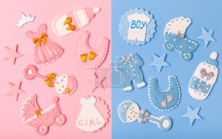 Photo for Boy or girl.A set of delicious baby shower cookies on a colorful background. Gender cookies.Baby shower party. Close-up. Flat lay. Place for text. - Royalty Free Image
