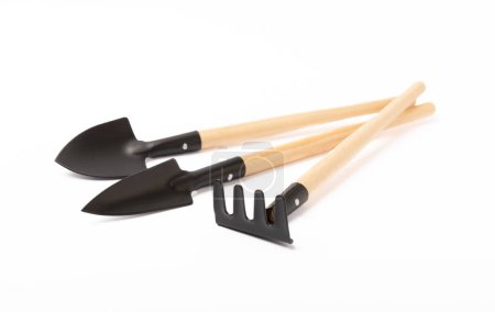 Photo for Garden shovel and fork, garden rake isolated on white background. Gardening Tools. - Royalty Free Image