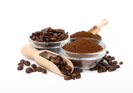 Photo for Bowl of ground coffee and beans isolated on a white background. - Royalty Free Image