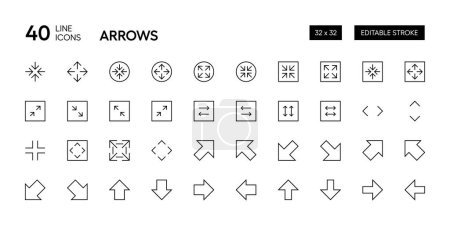 Zoom, dirección, icono de escala. Iconos de contorno de trazo editable flecha de interfaz.