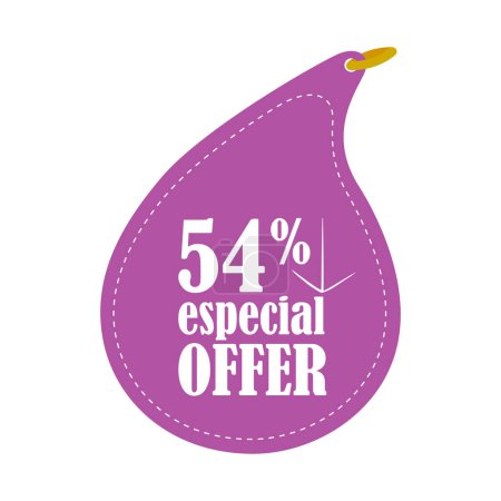 Illustration for 54 % special offer vector illustration. Fifty four percent discount tag. Rounded shape. Down arrow. Dotted line. Purple color. White text. White background. - Royalty Free Image