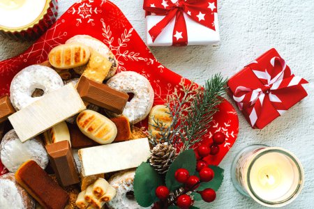 Photo for Top view of Nougat christmas sweet,mantecados and polvorones wit - Royalty Free Image