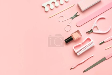 Photo for Composition with cosmetics and accessories for manicure or pedicure with copy space for text over pink background. Manicure and pedicure concept - Royalty Free Image
