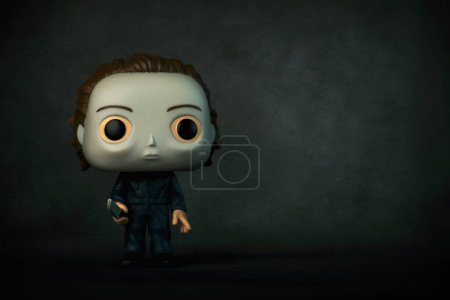 Photo for Funko POP vinyl figure of Michael Myers from the movie Halloween over black background. Illustrative editorial of Funko Pop action figure - Royalty Free Image