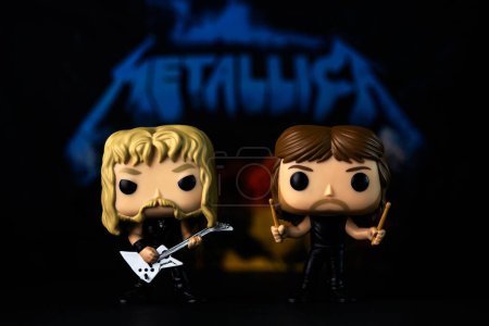 Photo for Funko POP vinyl figures of James hetfield and Lars Ulrich singer and drummer of the american heavy metal group Metallica in front of Metallica poster. Illustrative editorial of Funko Pop action figur - Royalty Free Image