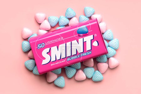 Photo for Close up of Smint Bubble Fresh pastilles sugarfree candy pack against a pink background. Illustrative editorial - Royalty Free Image