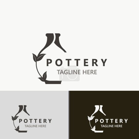 Téléchargez les illustrations : Poterie logo design fait main, créatif traditionnel tasse artisanat concept inspiration nature atelier - en licence libre de droit