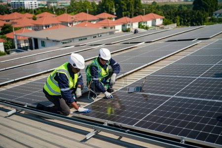 Photo for Technology solar cell, Engineer service checks installation solar cell on the roof of factory. technicians check the maintenance of the solar panels, engineering team working - Royalty Free Image