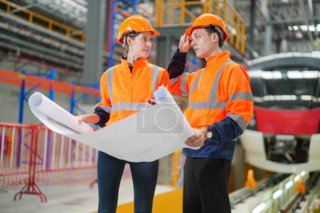 Photo for Engineer specialist and technician maintenance railway inspect construction site. - Royalty Free Image