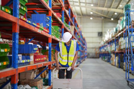 Photo for Worker working in large warehouse. Checking parcels - Royalty Free Image