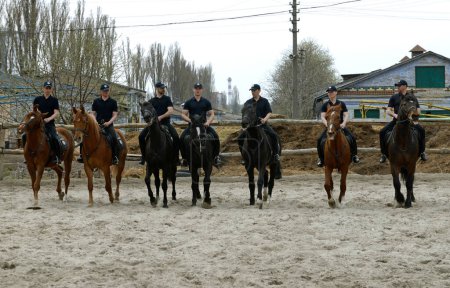 Téléchargez les photos : Mounted police squad policemen riding horses at the manege. June 12, 2020. Kyiv, Ukraine - en image libre de droit