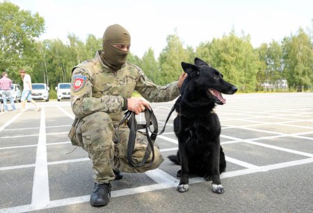 Téléchargez les photos : Soldat de l'unité KORD (SWAT ukrainien) en uniforme et son chien policier assis sur le sol. 5 septembre 2018. Kiev, Ukraine - en image libre de droit