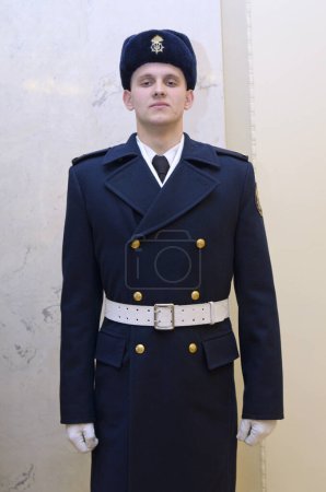 Photo for Upper part of new Ukrainian police uniform, cold-climate full dress for parades: coat, chevron. October 7, 2018. Kiev, Ukraine - Royalty Free Image